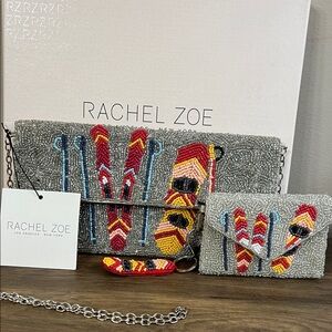 NWT Rachel Zoe 3 PC Set Beaded Ski Snowboarding Clutch, Card Holder & Charm